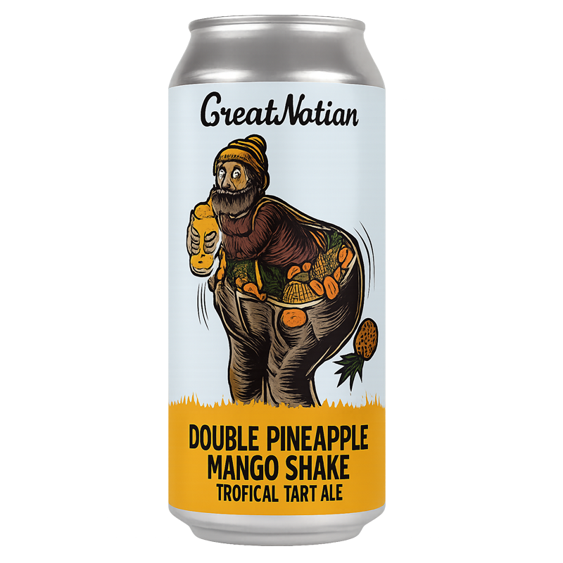 Can of Great Notion Double Pineapple Mango Shake, art of bearded figure holding mangoes, pineapple.