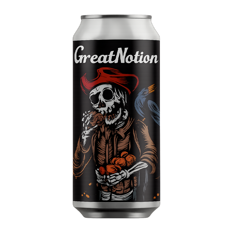 Can of Great Notion beer with a skeleton wearing a red hat and holding peaches, dark background.