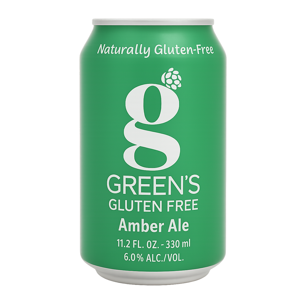 Green can of Green's Gluten Free Amber Ale. Features a white 