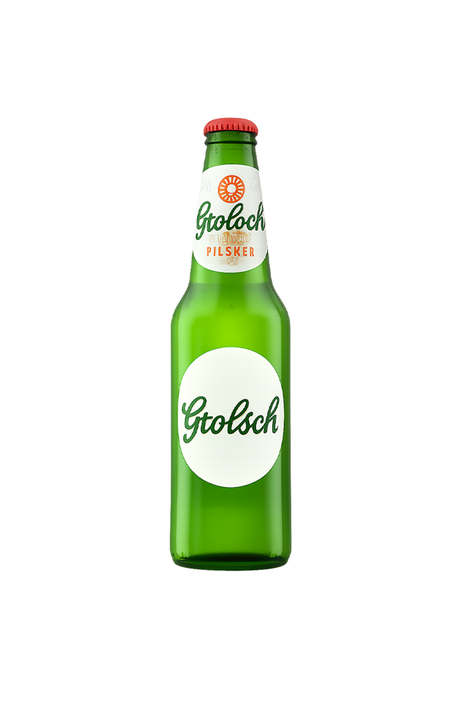 Green Grolsch beer bottle with white labels and a red cap.