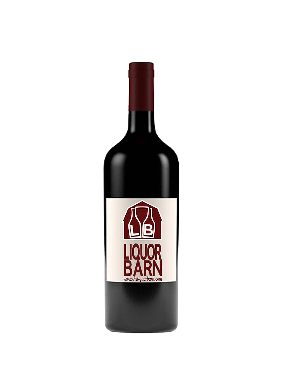 Bottle of red wine with a red and white Liquor Barn label.