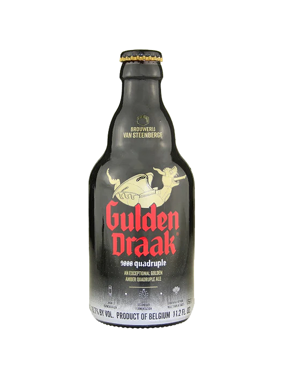 Bottle of Gulden Draak beer with black label, gold lettering, and a dragon illustration.