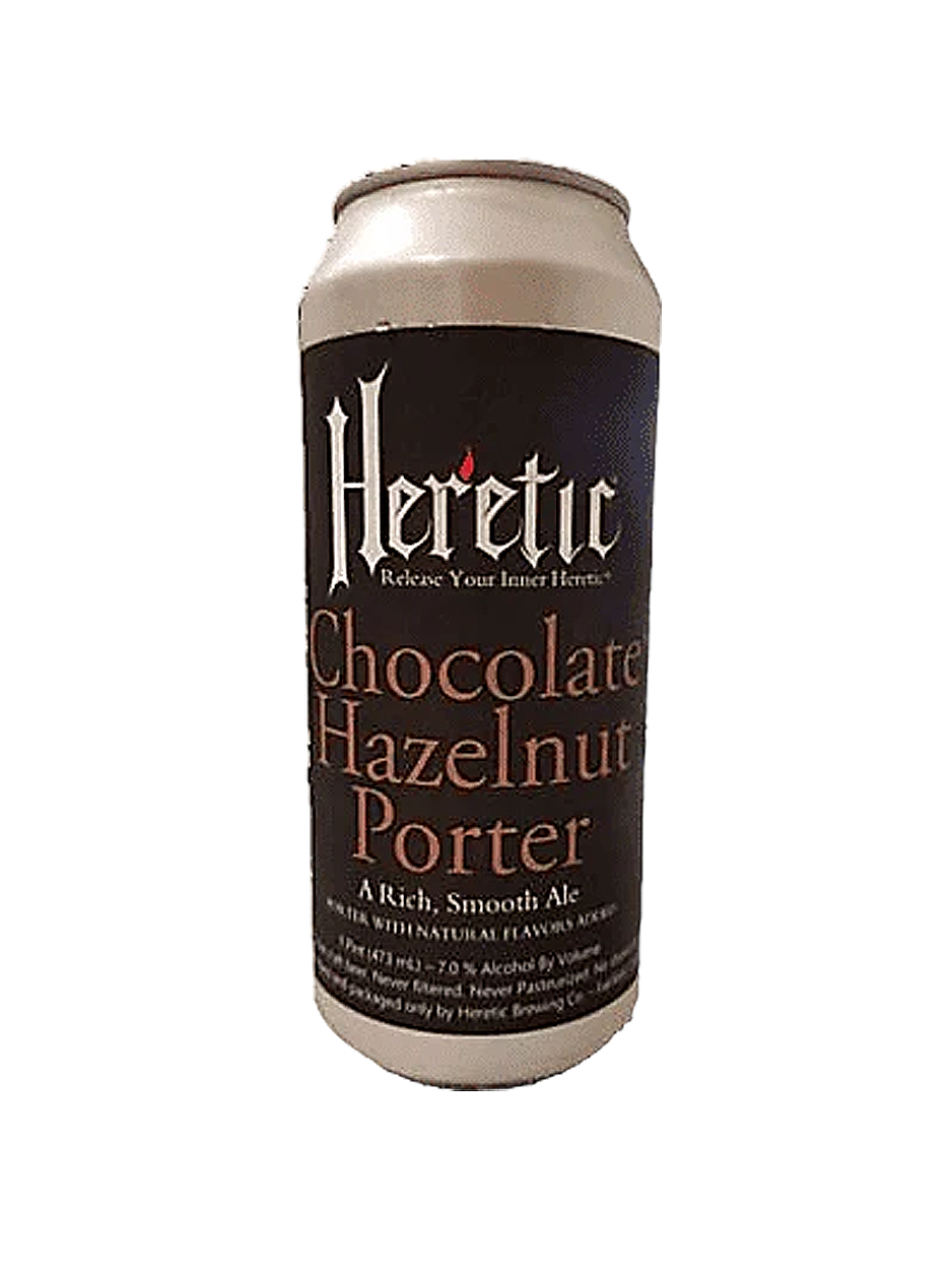 Can of Heretic Chocolate Hazelnut Porter, brown label with white text.
