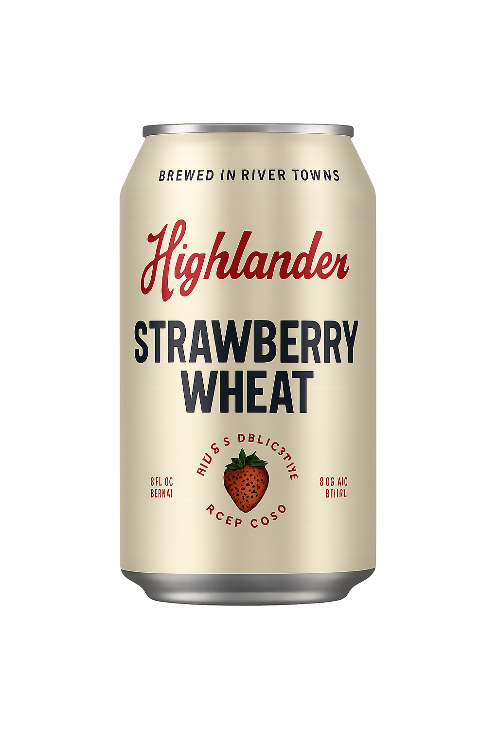 Highlander Strawberry Wheat beer can, off-white with red text and strawberry graphic.