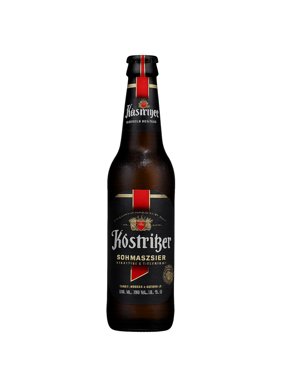 Bottle of Köstritzer Schwarzbier dark beer with a black and red label.