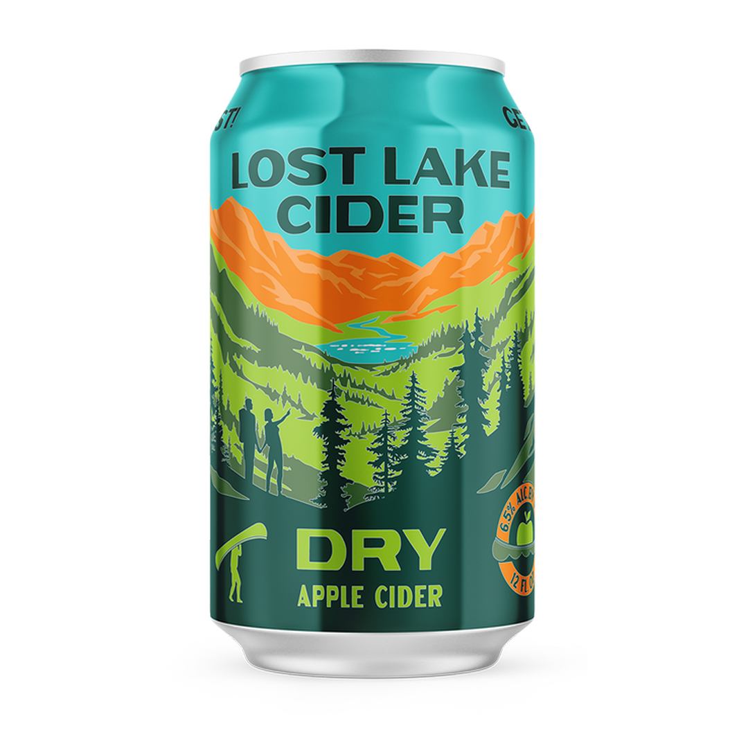 Can of Lost Lake Dry Apple Cider, turquoise and orange landscape design.