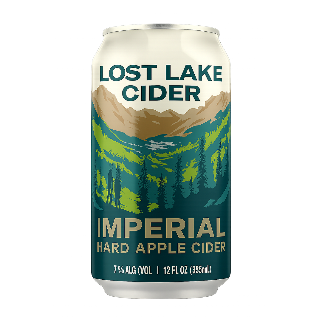 Can of Lost Lake Imperial hard apple cider with a mountain and forest design.