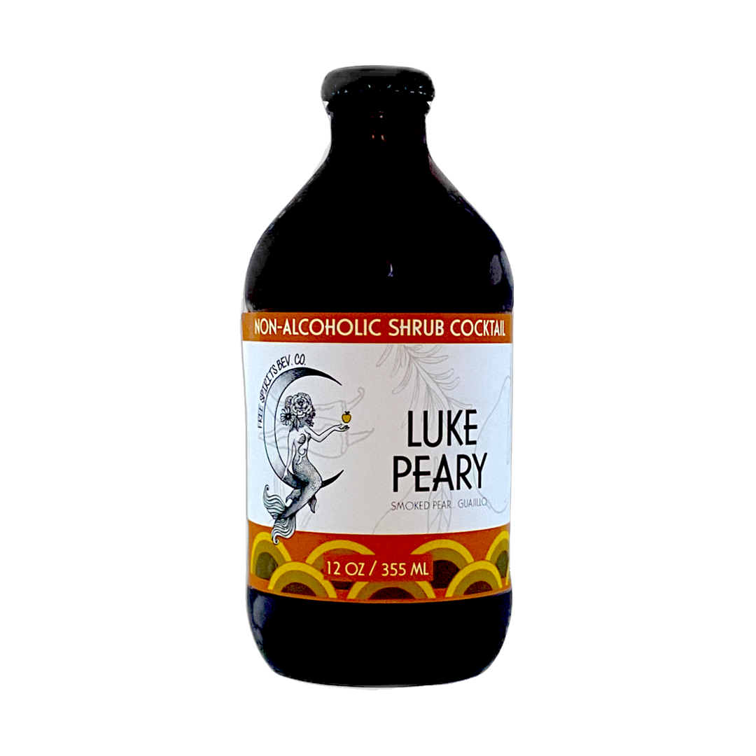 Bottle of Luke Peary non-alcoholic shrub cocktail with a label featuring a cherub and orange accents.