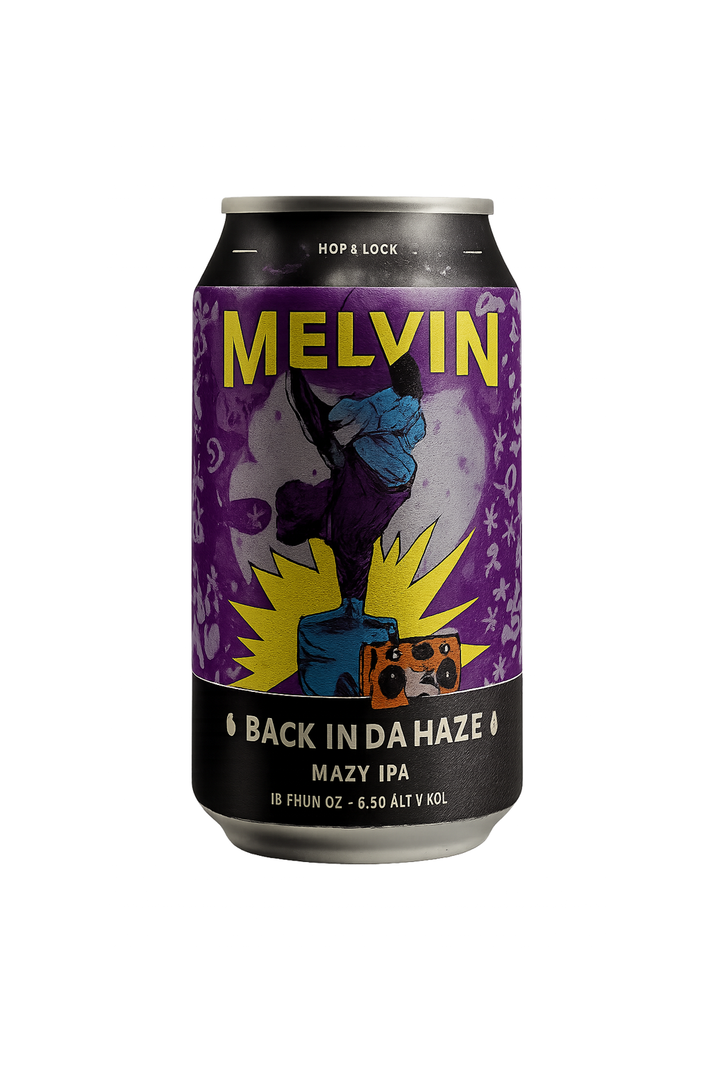 Can of Melvin Back In Da Haze IPA. Purple and black label with a cartoon character, boombox, and lightning.