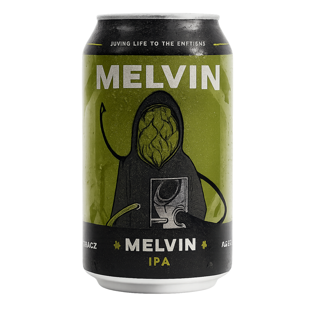 Can of Melvin IPA beer with a green and black label, featuring a hooded figure.