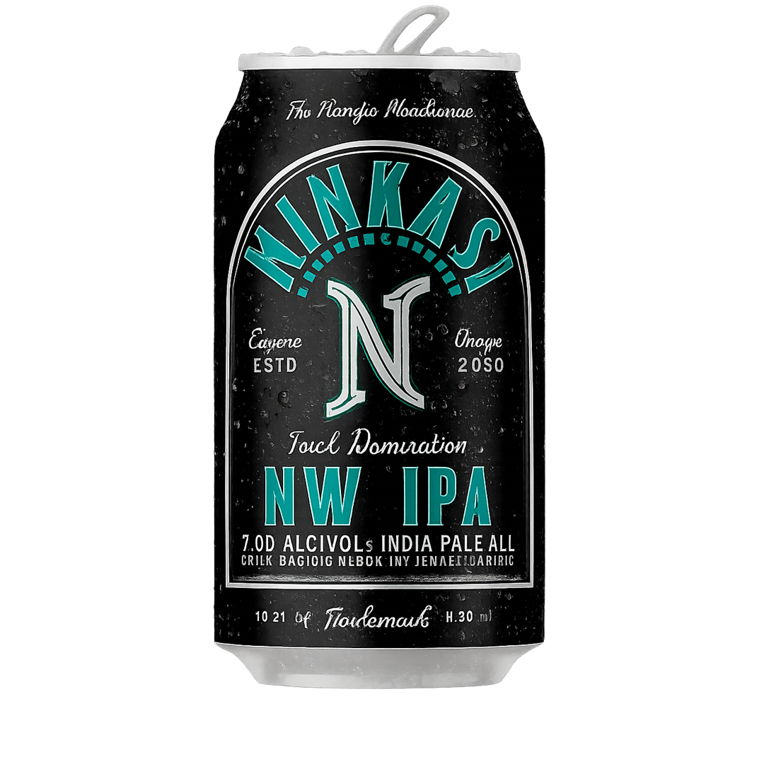 Can of Ninkasi NW IPA beer, black background, teal and white text.
