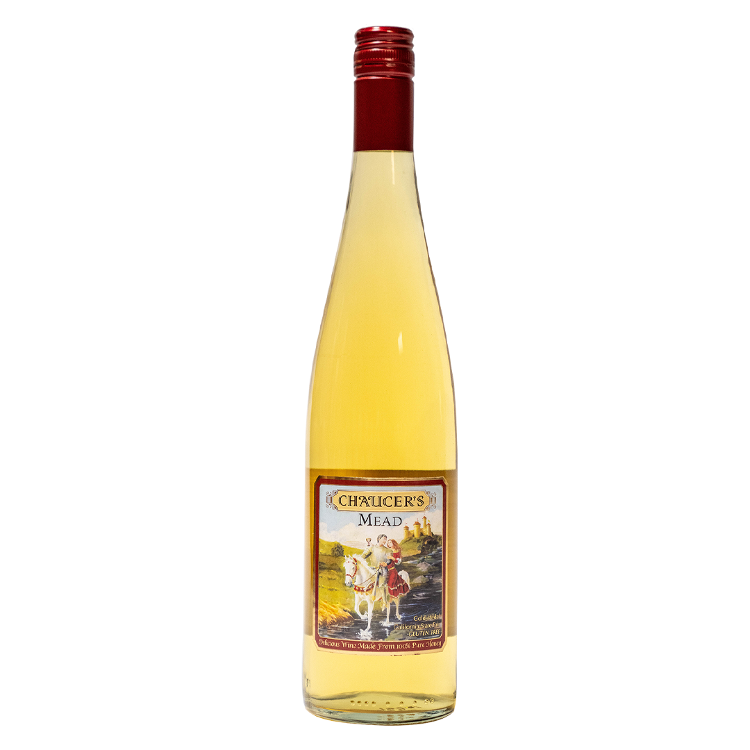 Bottle of Cimbrisca Mead with a red cap and label featuring a knight on horseback.