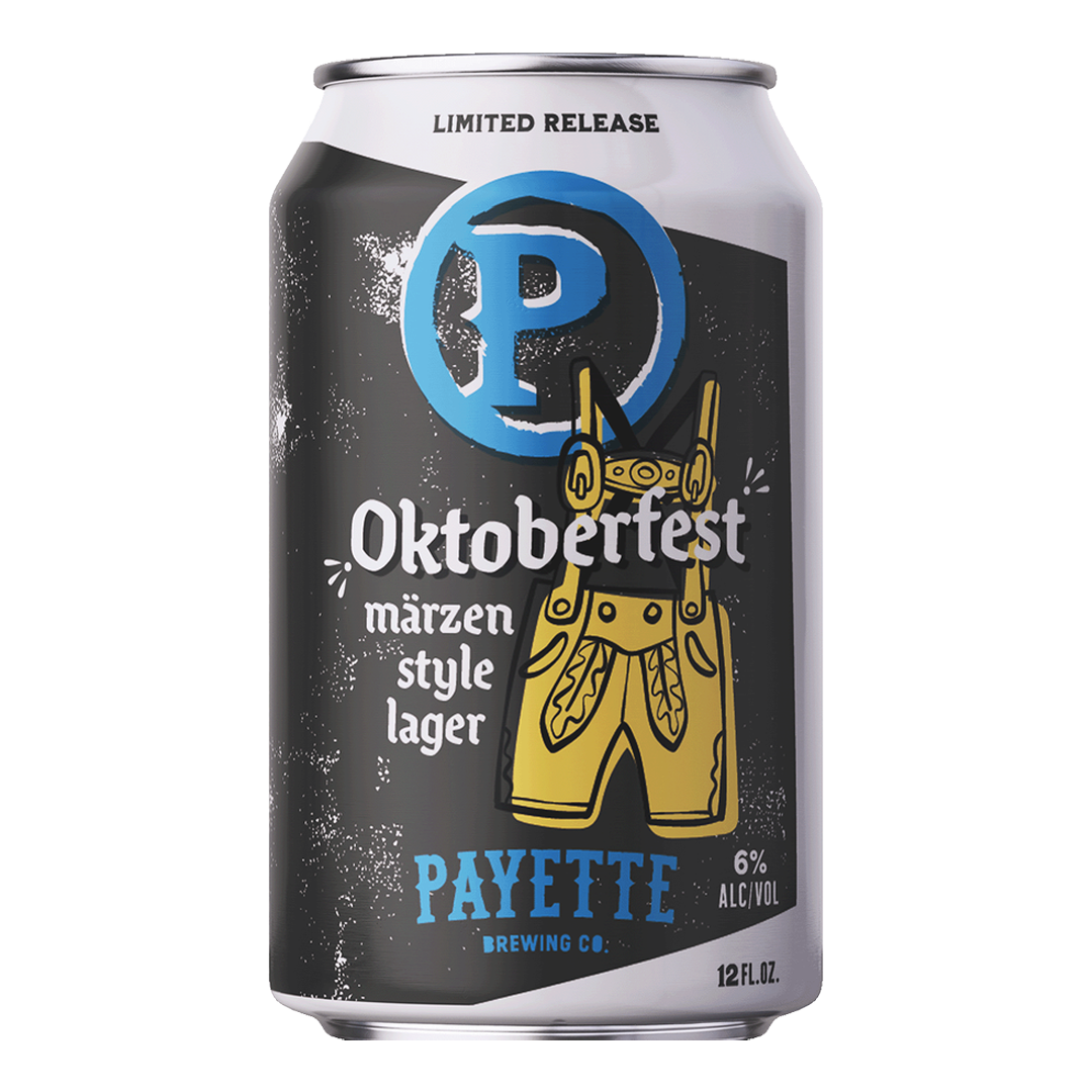 Can of Payette Oktoberfest märzen style lager, with illustration of lederhosen.