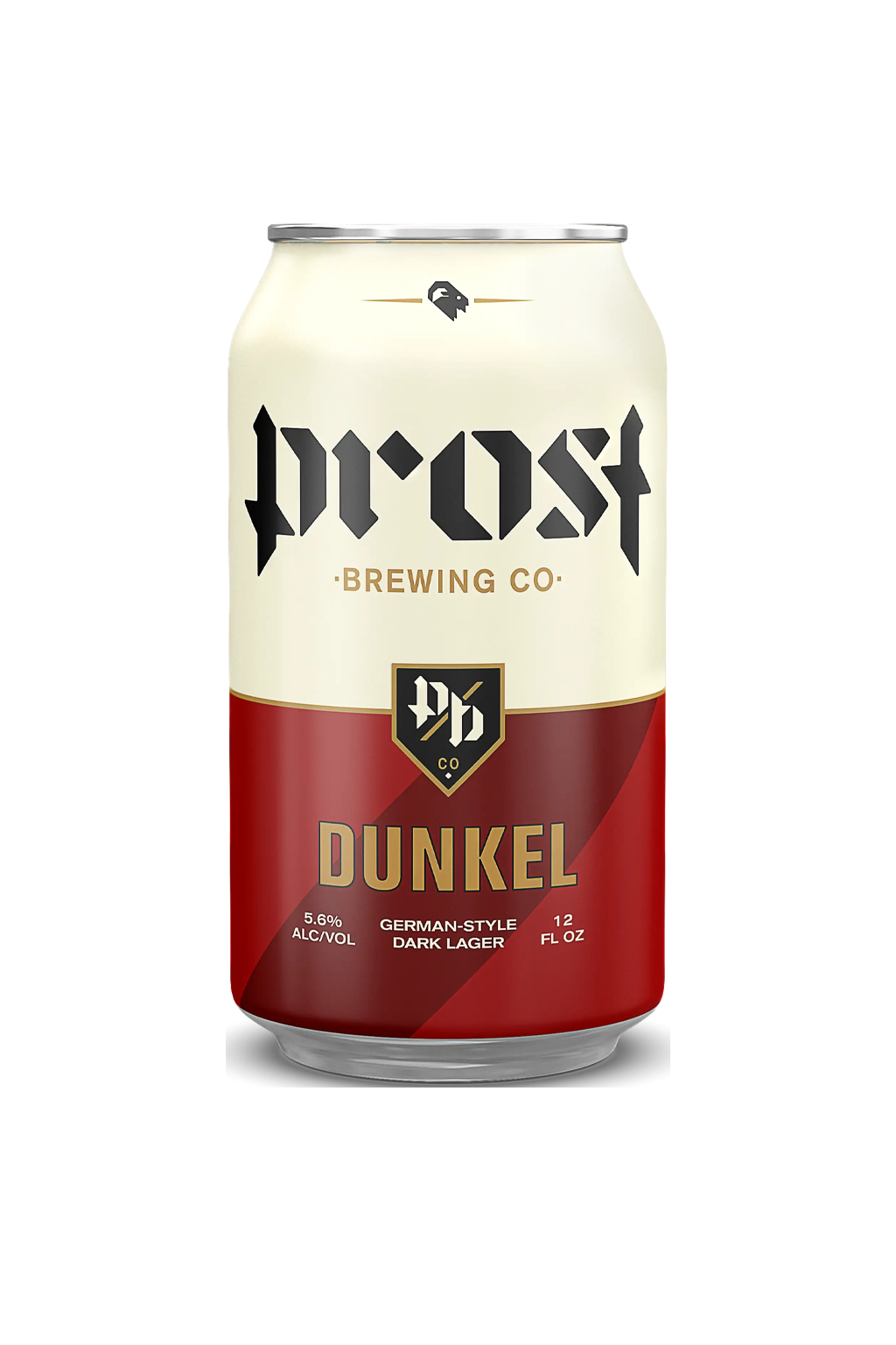 Can of Prost Brewing Co. Dunkel beer, white and red label, black text.