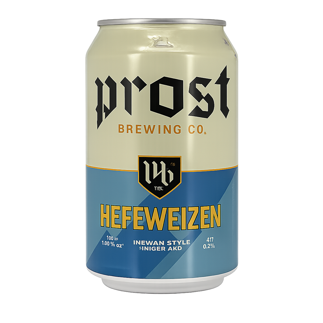 Can of Prost Brewing Co. Hefeweizen beer, tan and blue with bold lettering.