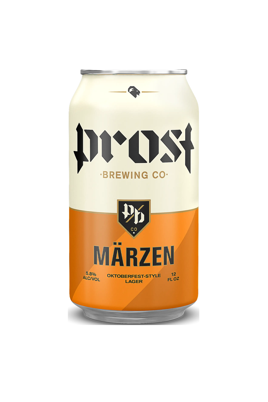 Can of Prost Märzen beer, cream and orange label.