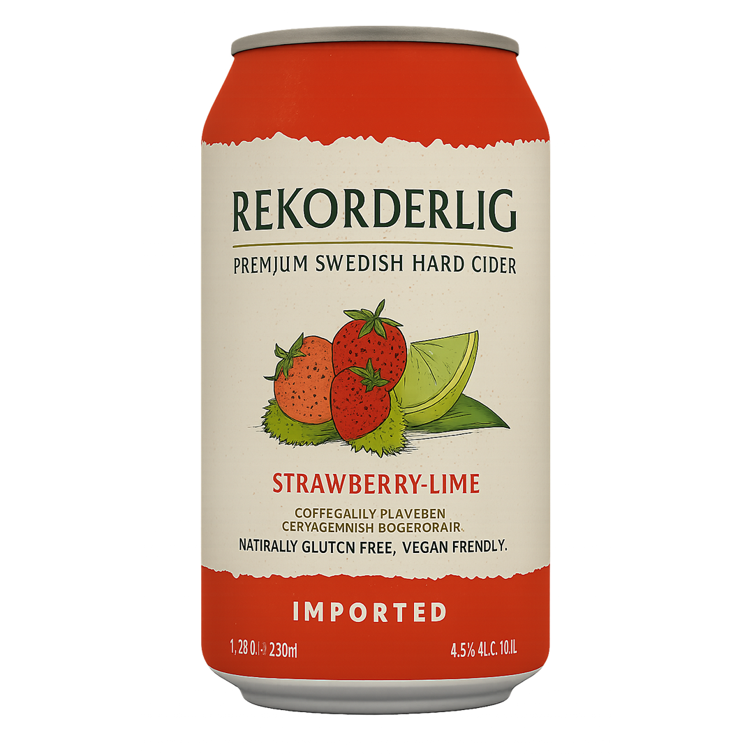 Rekorderlig strawberry-lime cider can, red and cream. Features strawberries, lime, and text 