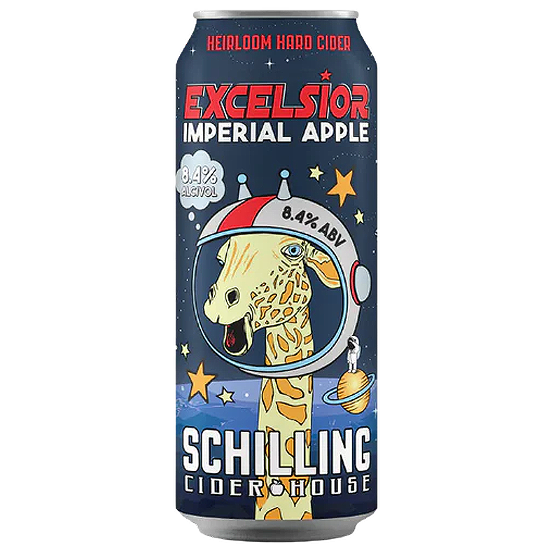 Can of Schilling Cider featuring a giraffe in a spacesuit against a starry background.