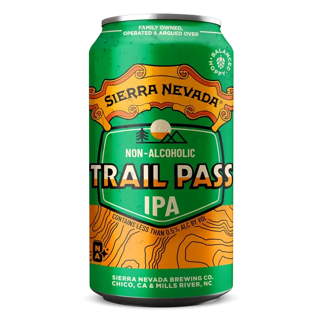Can of Sierra Nevada Trail Pass non-alcoholic IPA with a green and orange label.