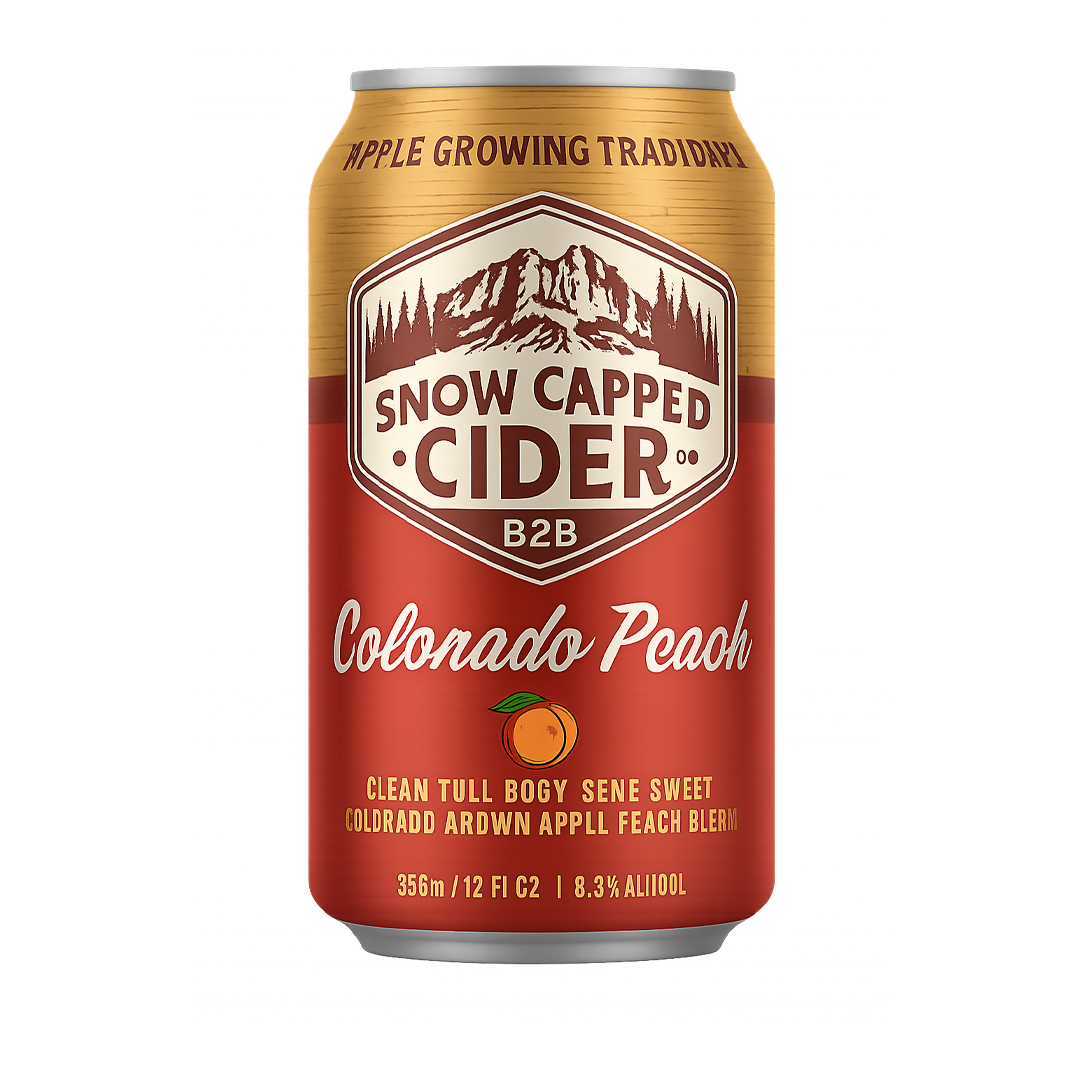 Can of Snow Capped Cider, Colorado Peach flavor. Features a peach and mountain logo, red and woodgrain background.