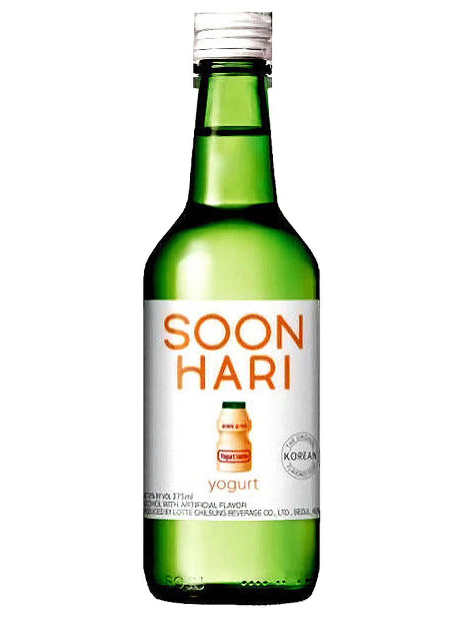 Bottle of Soon Hari yogurt soju with a green body, white label, and a small yogurt drink image.