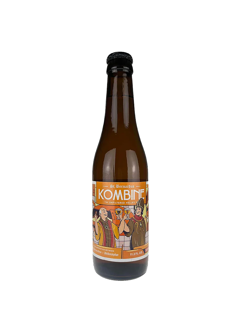 Bottle of Kombine beer with a colorful label.