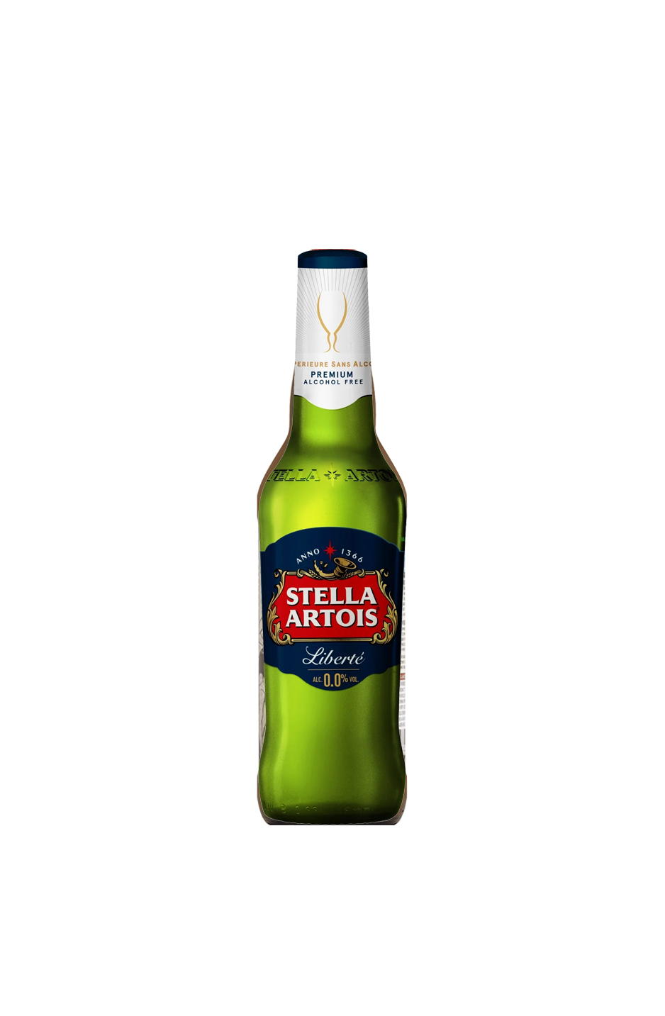 Stella Artois beer bottle, green glass with blue and red label, white background.