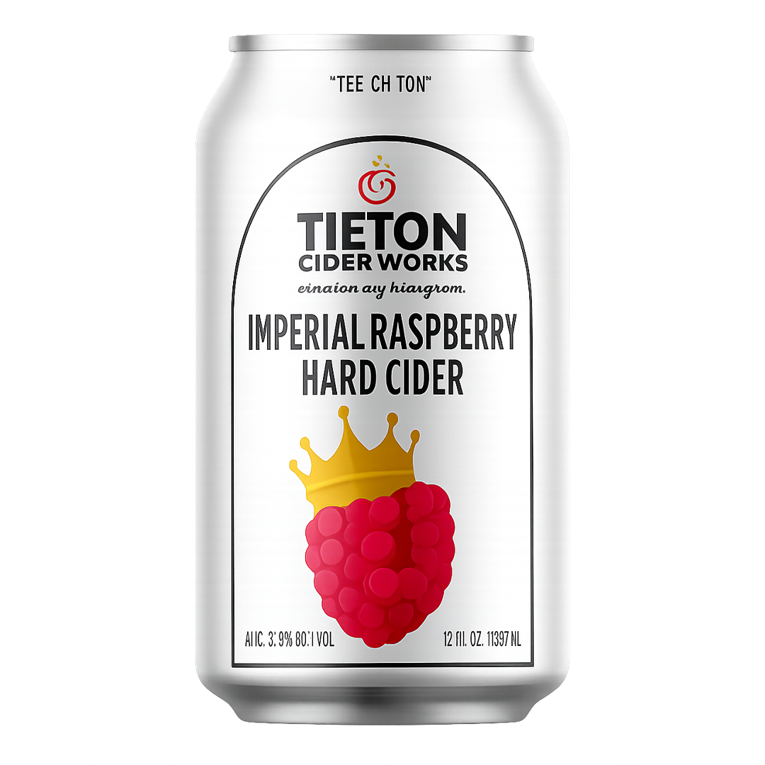 Can of Tieton Cider Works Imperial Raspberry hard cider with a raspberry wearing a crown.