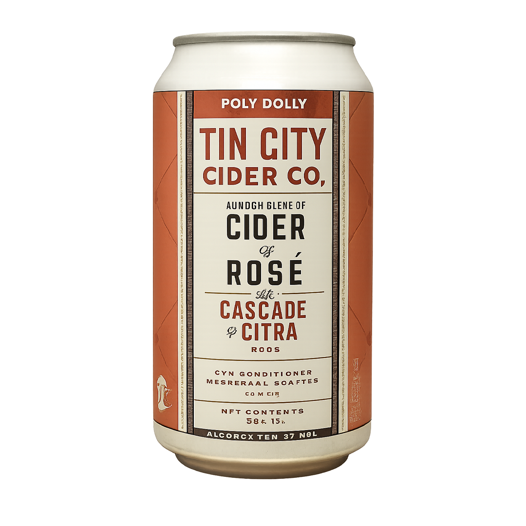 Can of Tin City Cider Co. rosé cider with a brown and cream label.