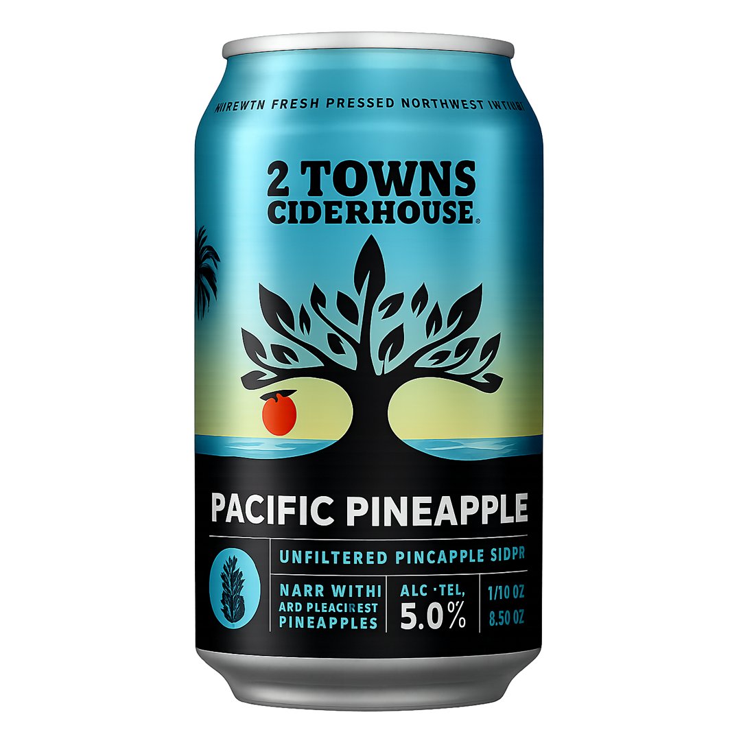 Can of 2 Towns Ciderhouse Pacific Pineapple cider; turquoise and black label, tree graphic, 5.0% ABV.