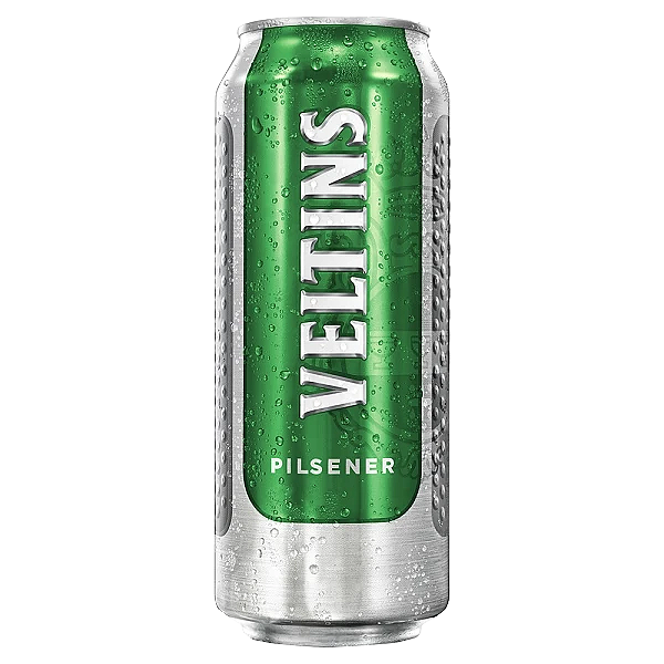Veltins Pilsener beer can in a metal cooler. Green and silver with condensation.