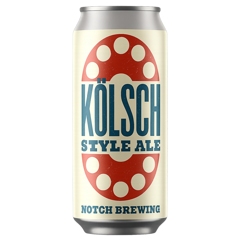 Can of Notch Brewing Kölsch beer, cream-colored label with red and blue design.
