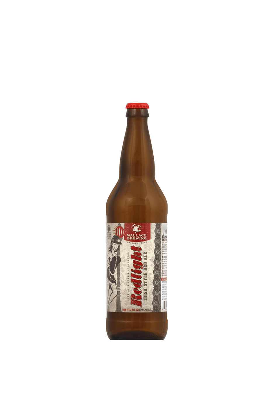 Brown beer bottle with red cap and label, labeled 