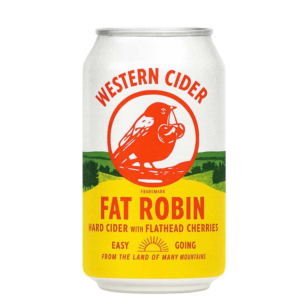 Can of Western Cider's Fat Robin. White can with a bird holding cherries, yellow label.