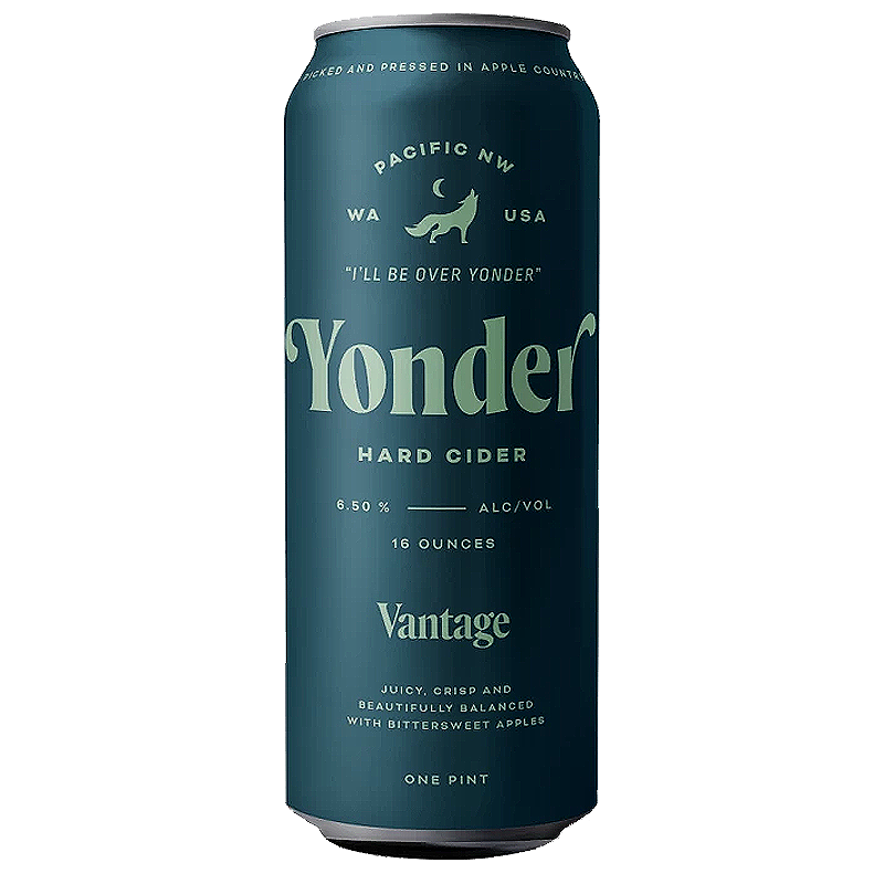 Can of Yonder hard cider with dark teal background,  moon, and wolf logo. 