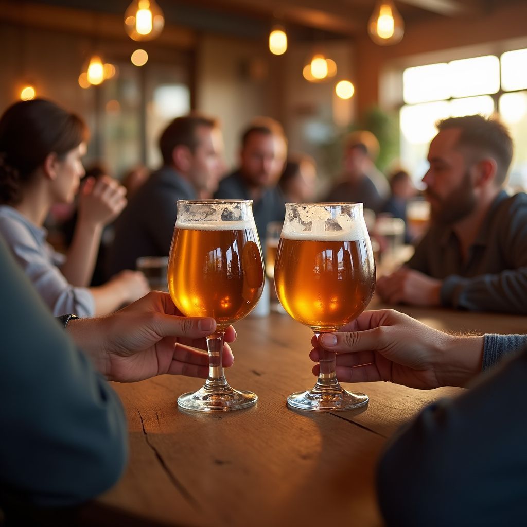 Close-up of a line of beer taps in a bar, chrome finish, black handles, one with a logo.