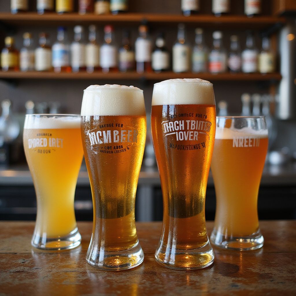 Four glasses of beer on a bar with bottles in the background.