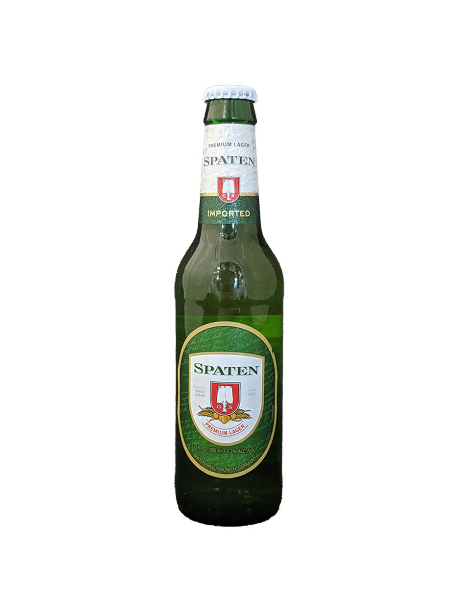 A green Spaten beer bottle with white and green label, isolated on a white background.