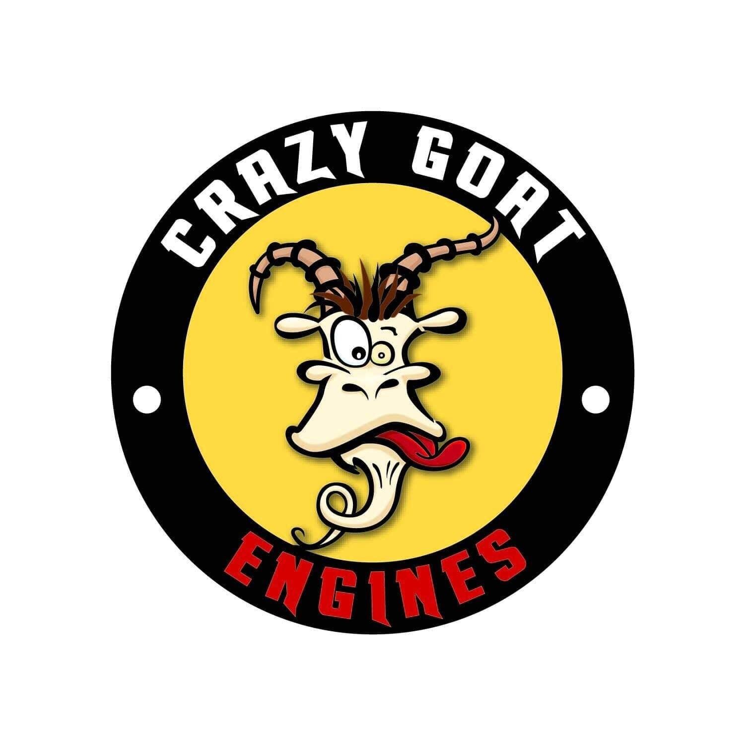 A logo for crazy goat engines with a goat sticking its tongue out.