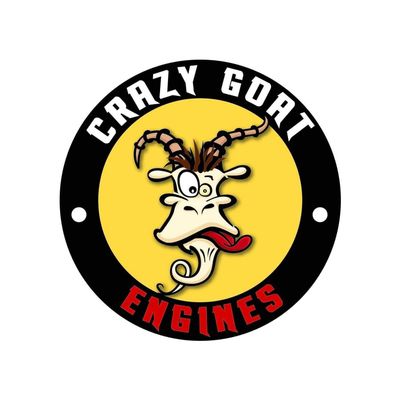 A logo for crazy goat engines with a goat sticking its tongue out.