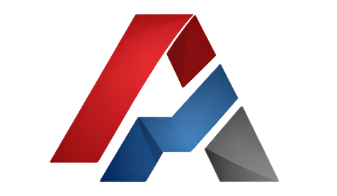 Abstract red, blue, and gray geometric logo forming a stylized letter A