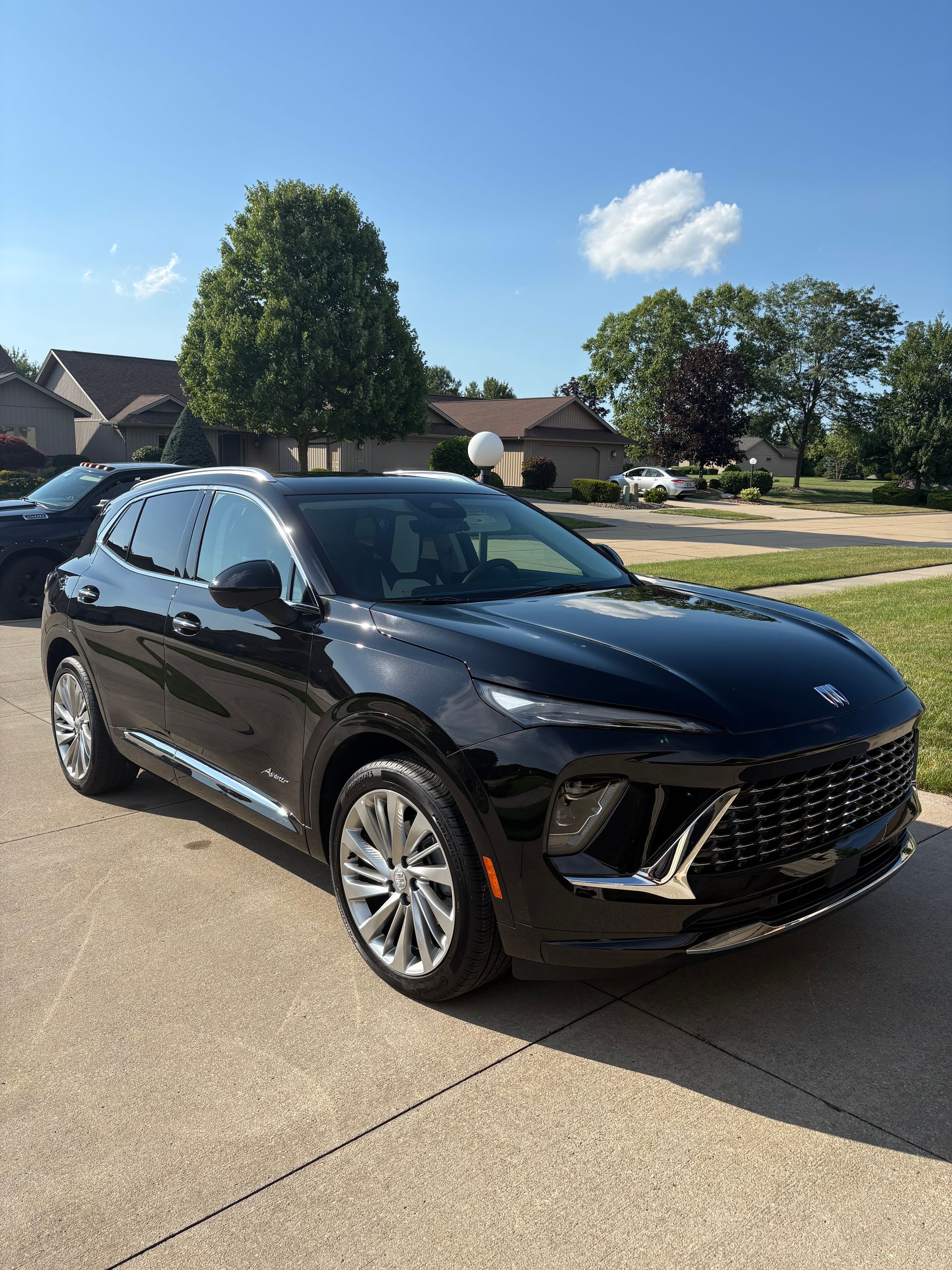 Black SUV parked on a paved driveway with houses and trees in the background under a blue sky.