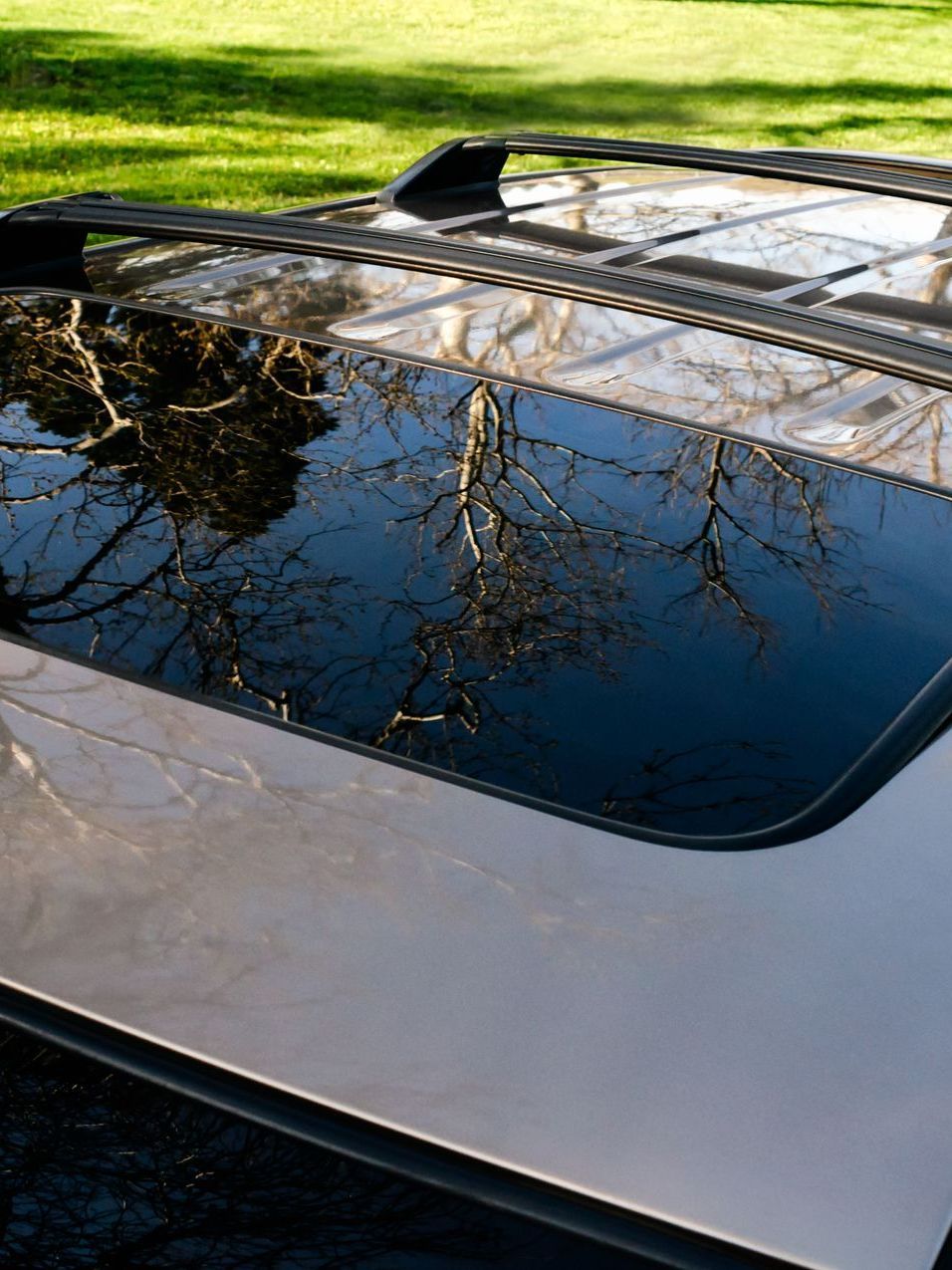 Black car roof with a sunroof reflecting trees and sky.