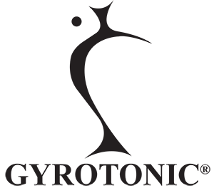 A black and white logo for gyrotonic on a white background