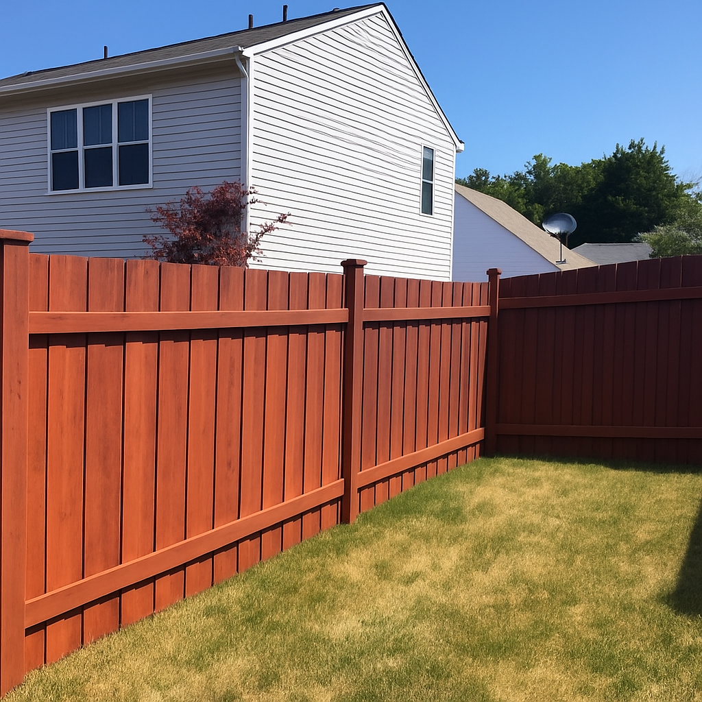 Red stained wooden fence enclosing a small yard with green grass, white houses in the background.