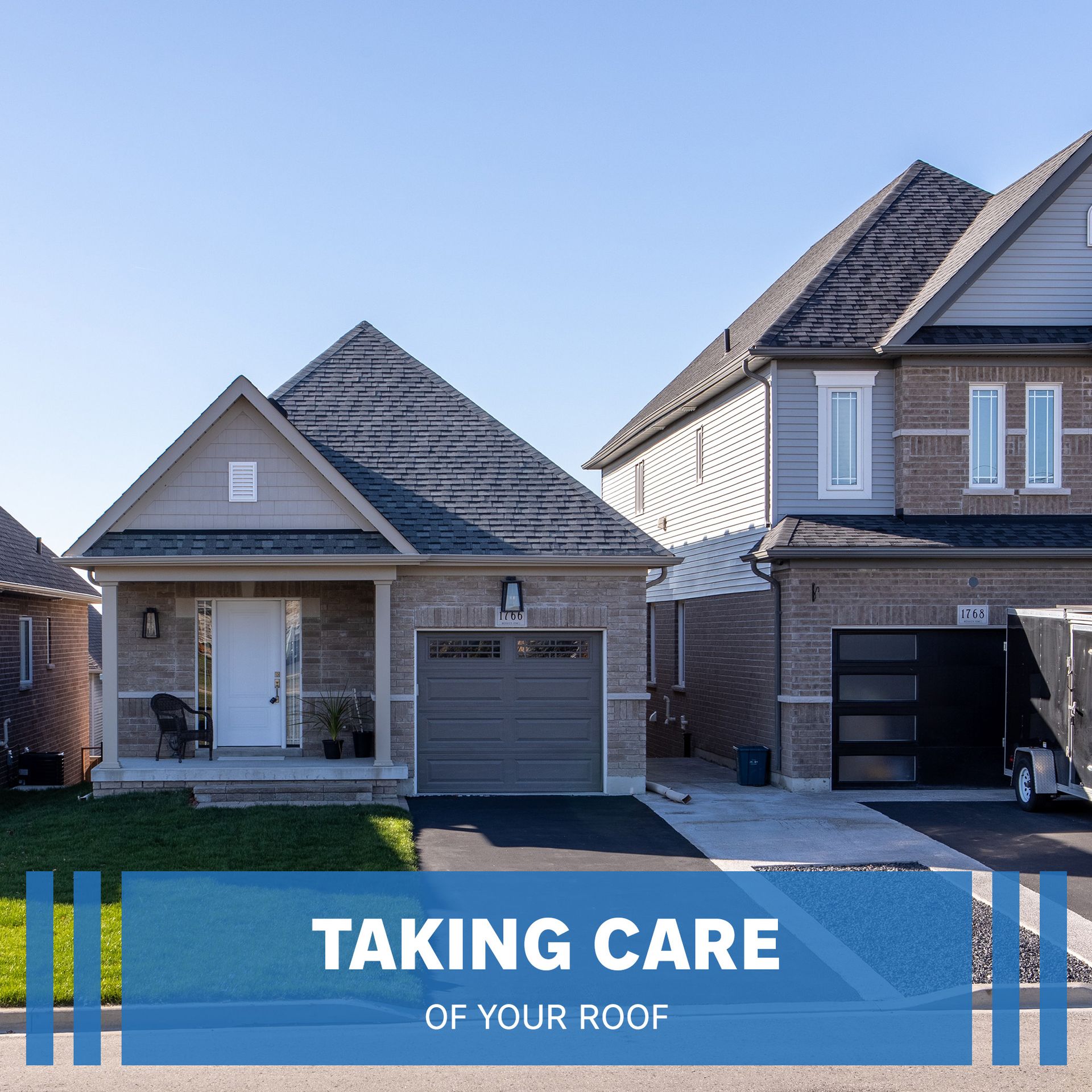 A suburban street scene showing two modern brick homes under a clear sky, with the text 