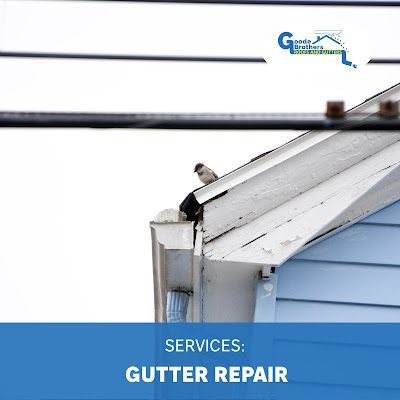 A small bird sits on the corner of a damaged roof and gutter, with text below reading: 