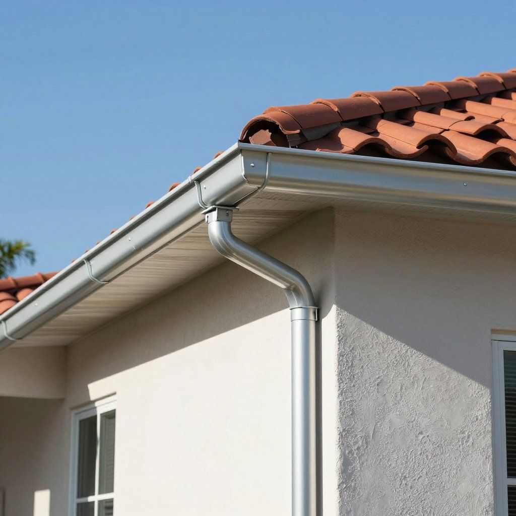 A close-up view of a metal gutter system attached to the eaves of a house with red terracotta roof tiles.