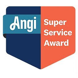 An Angi Super Service Award badge featuring a blue shield with white text and an orange side panel with white text.