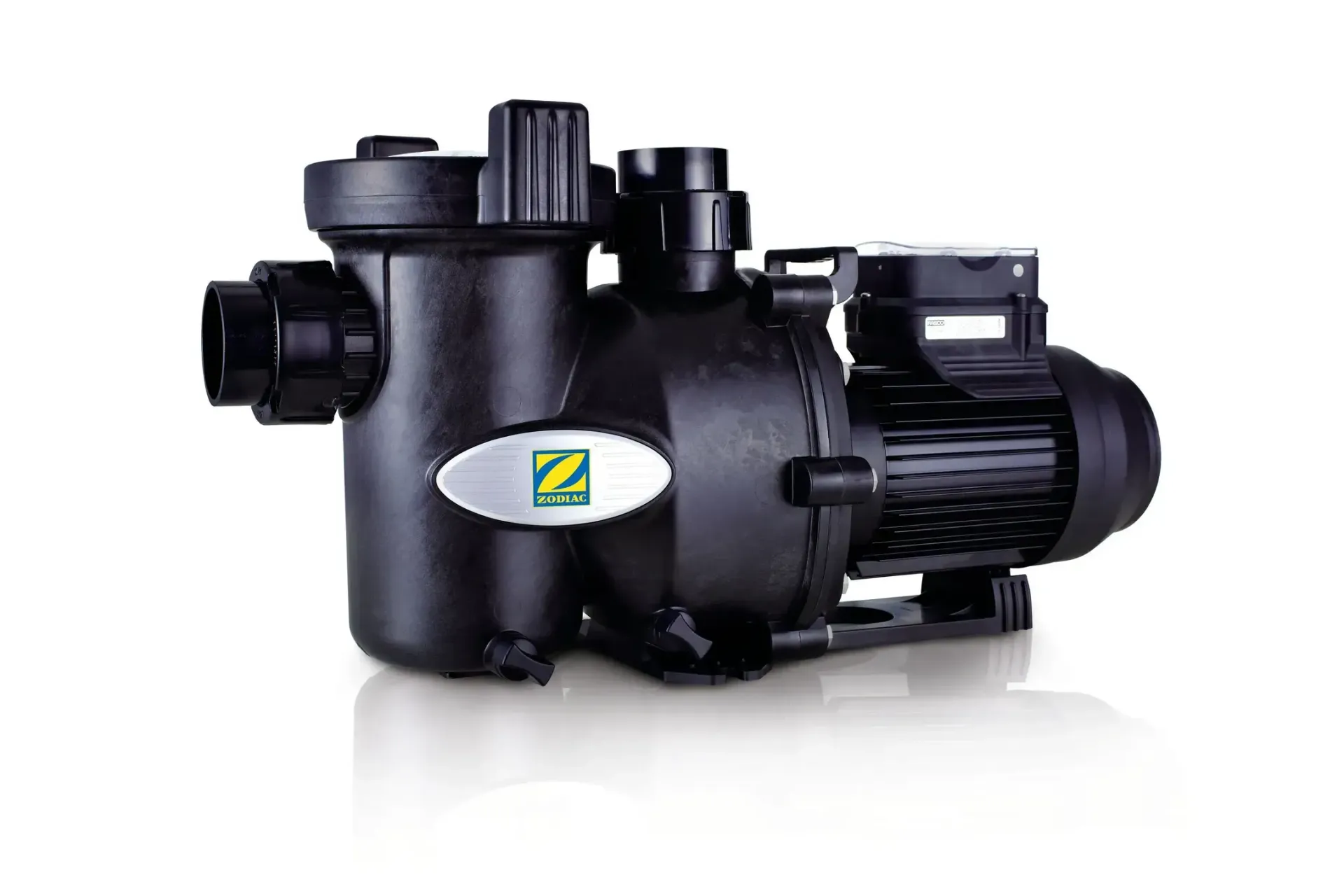 Black pool pump with electric motor on a white background